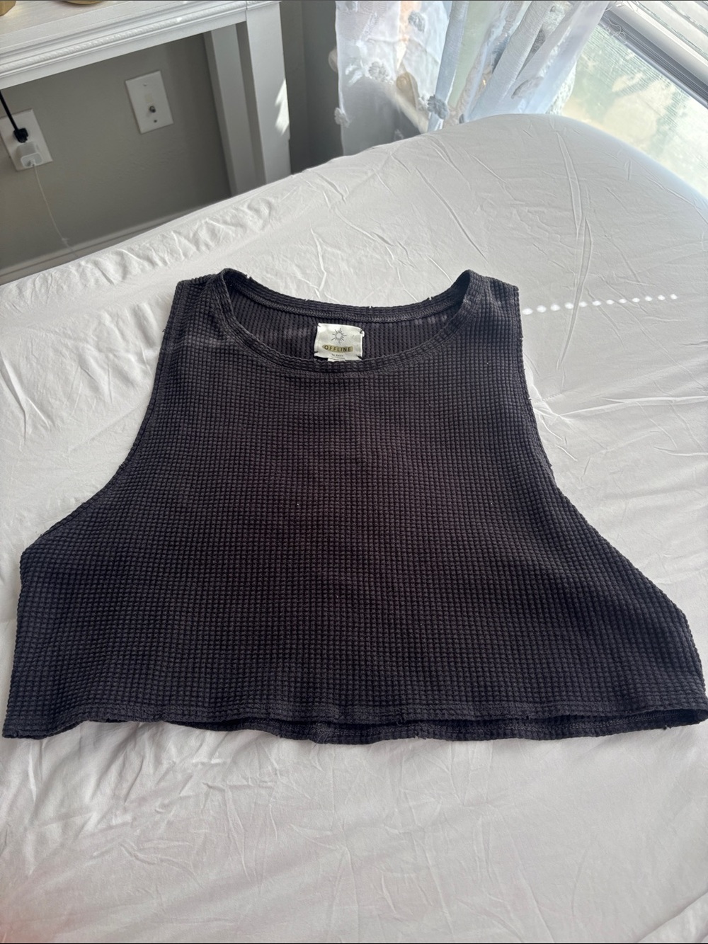 aerie Black Waffle-Knit Cropped Tank